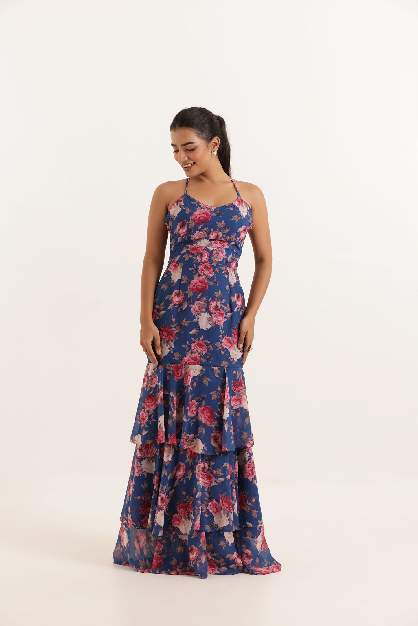 RIHANA BLUE FLORAL PRINTED RUFFLE LONG MAXI DRESS