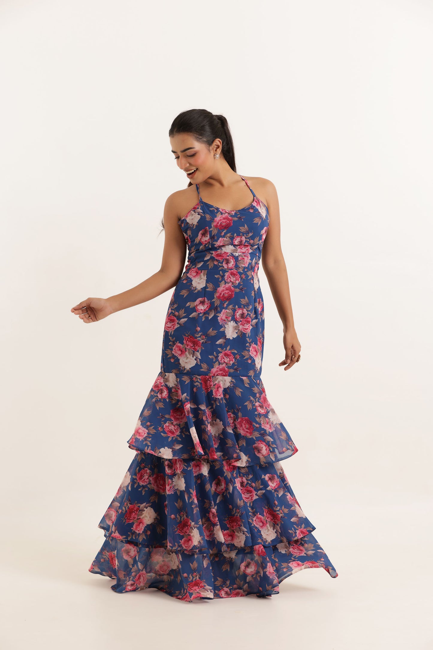 RIHANA BLUE FLORAL PRINTED RUFFLE LONG MAXI DRESS