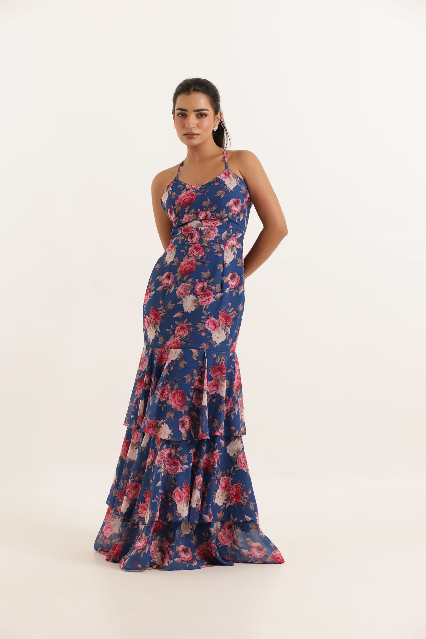 RIHANA BLUE FLORAL PRINTED RUFFLE LONG MAXI DRESS