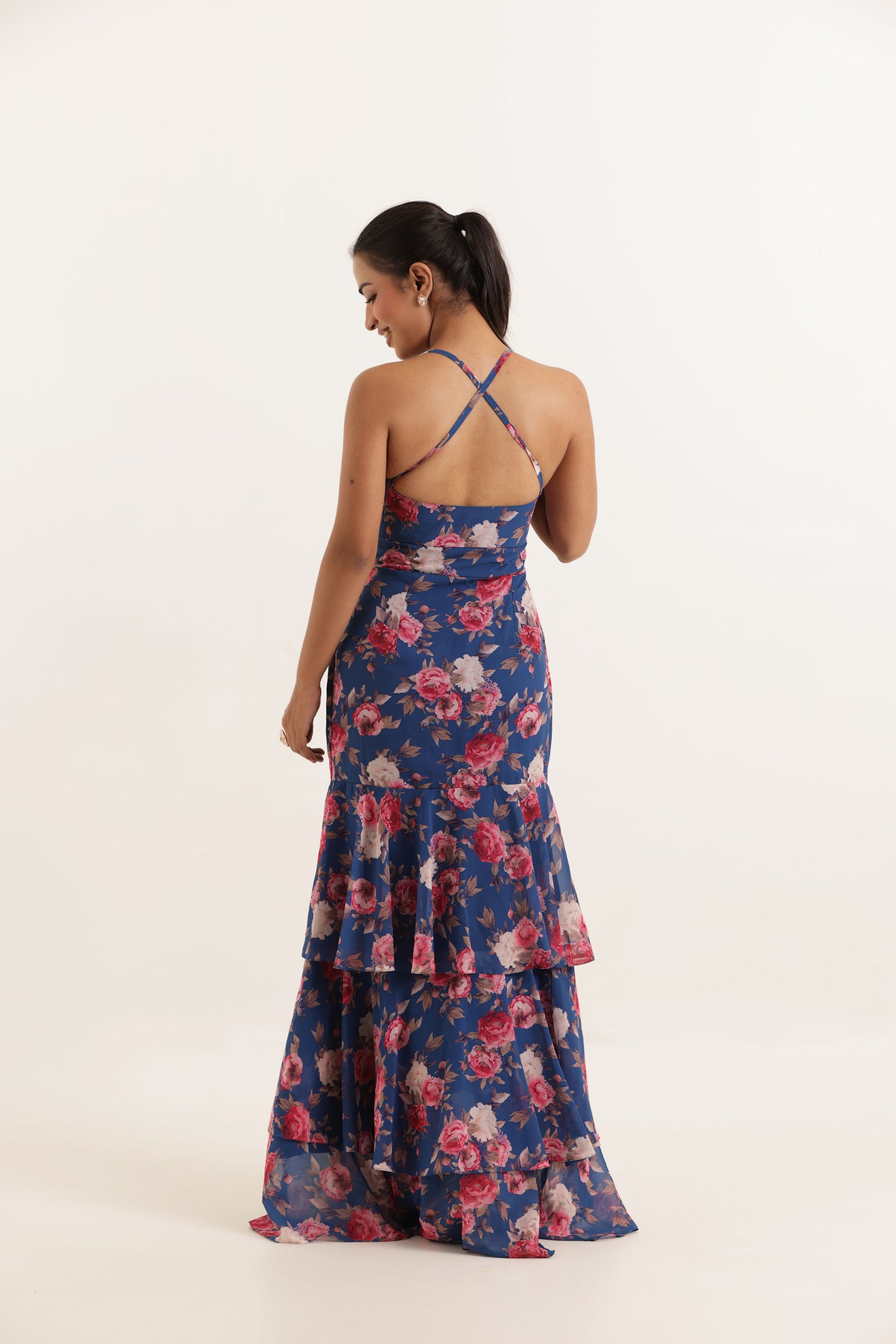 RIHANA BLUE FLORAL PRINTED RUFFLE LONG MAXI DRESS