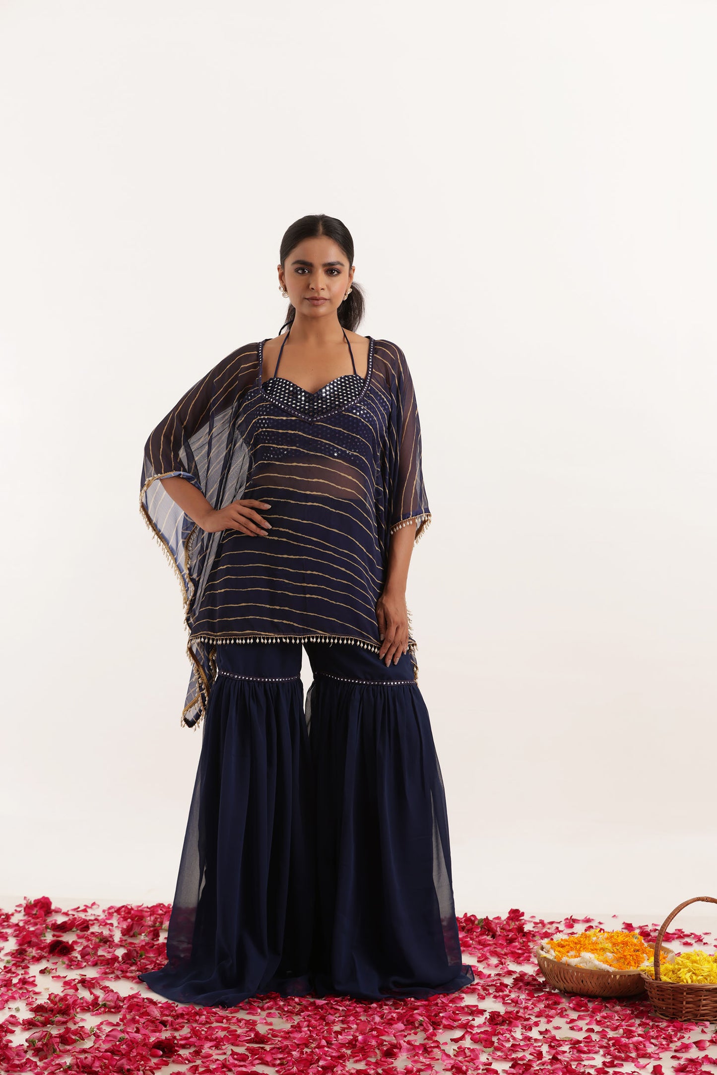 KIARA NAVY BLUE LEHERIYA SHARARA KAFTAN SET