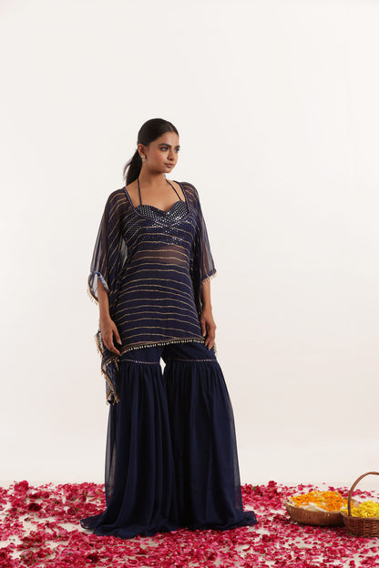 KIARA NAVY BLUE LEHERIYA SHARARA KAFTAN SET