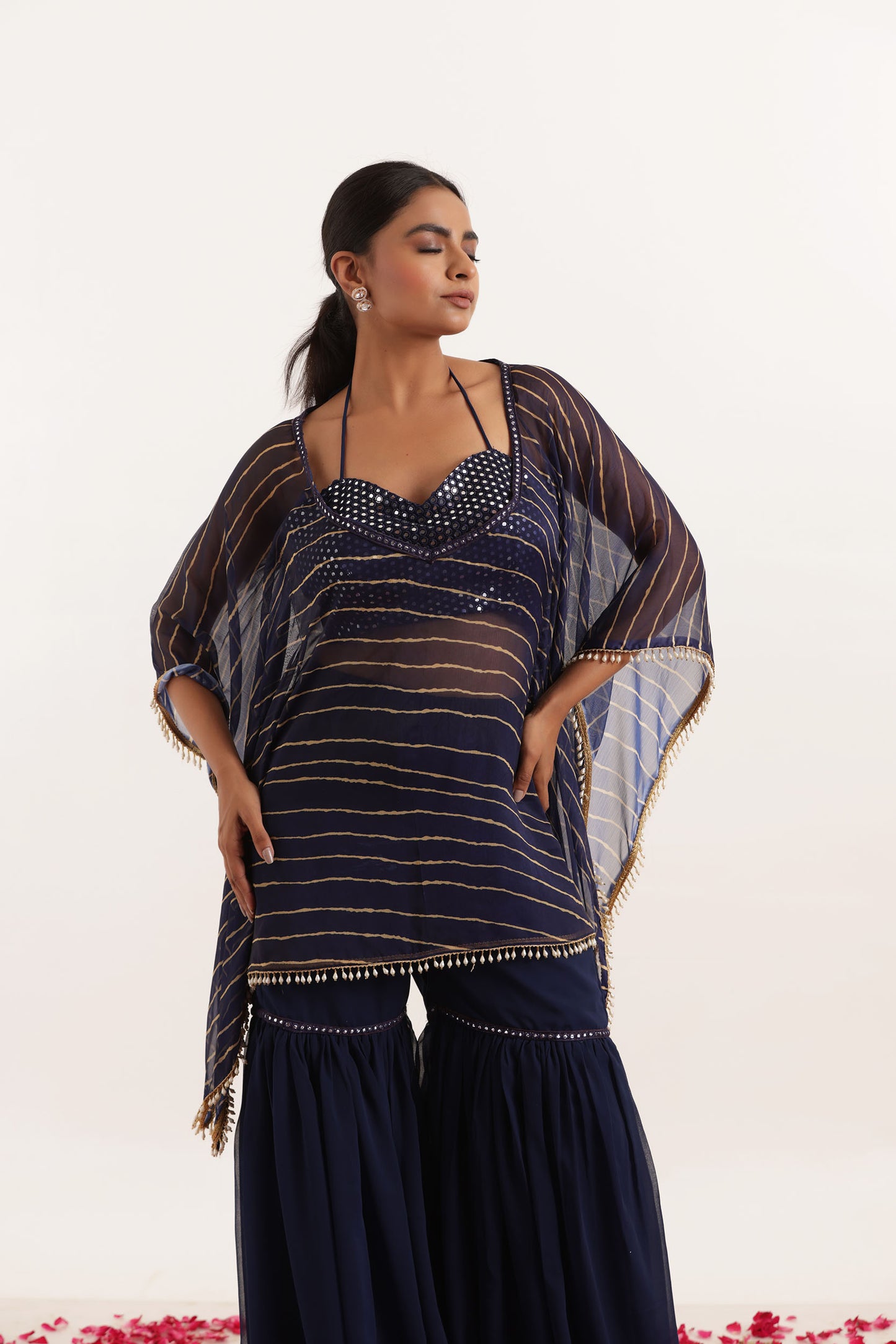 KIARA NAVY BLUE LEHERIYA SHARARA KAFTAN SET