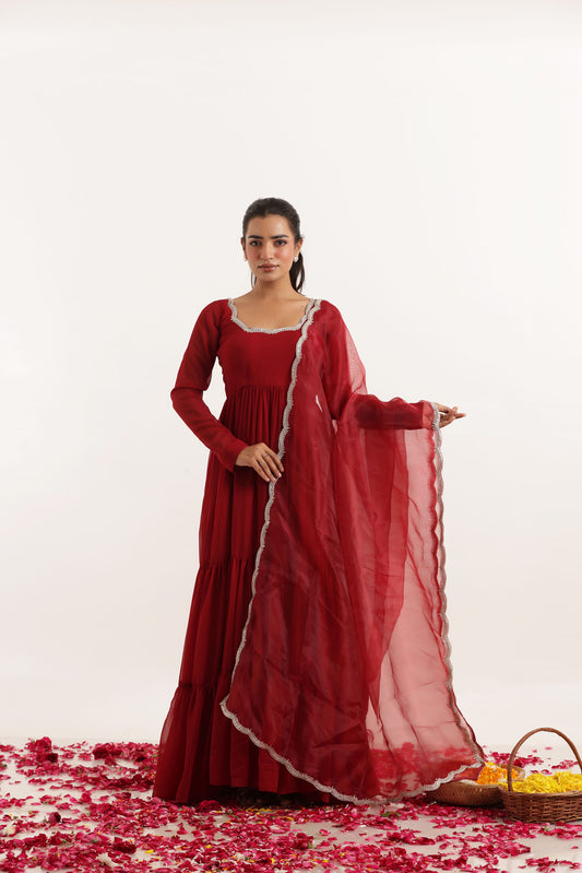 RINA MAROON RED TIERED ANARKALI SET