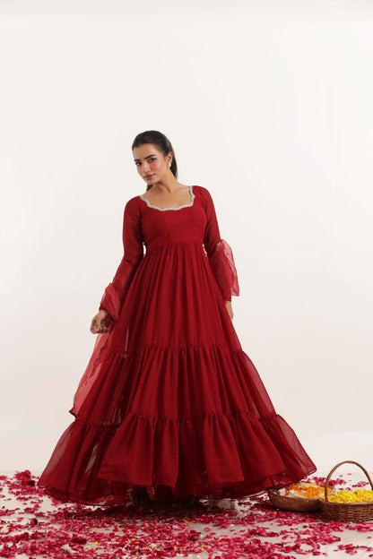 RINA MAROON RED TIERED ANARKALI SET