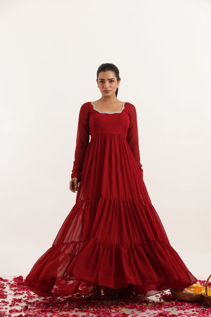 RINA MAROON RED TIERED ANARKALI SET