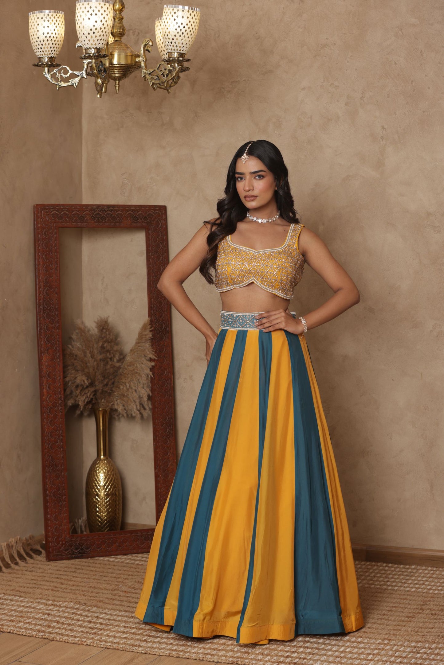 MALVIKA YELLOW-GREEN KALI EMBROIDERED LEHENGA