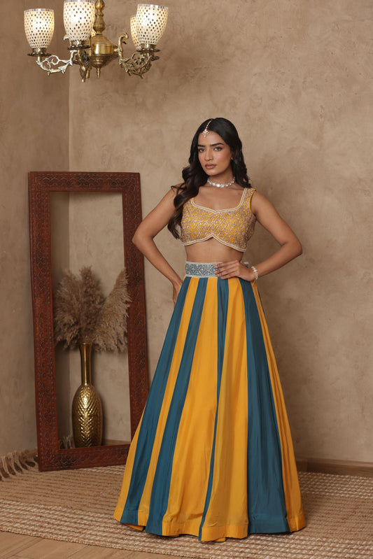 MALVIKA YELLOW-GREEN KALI EMBROIDERED LEHENGA