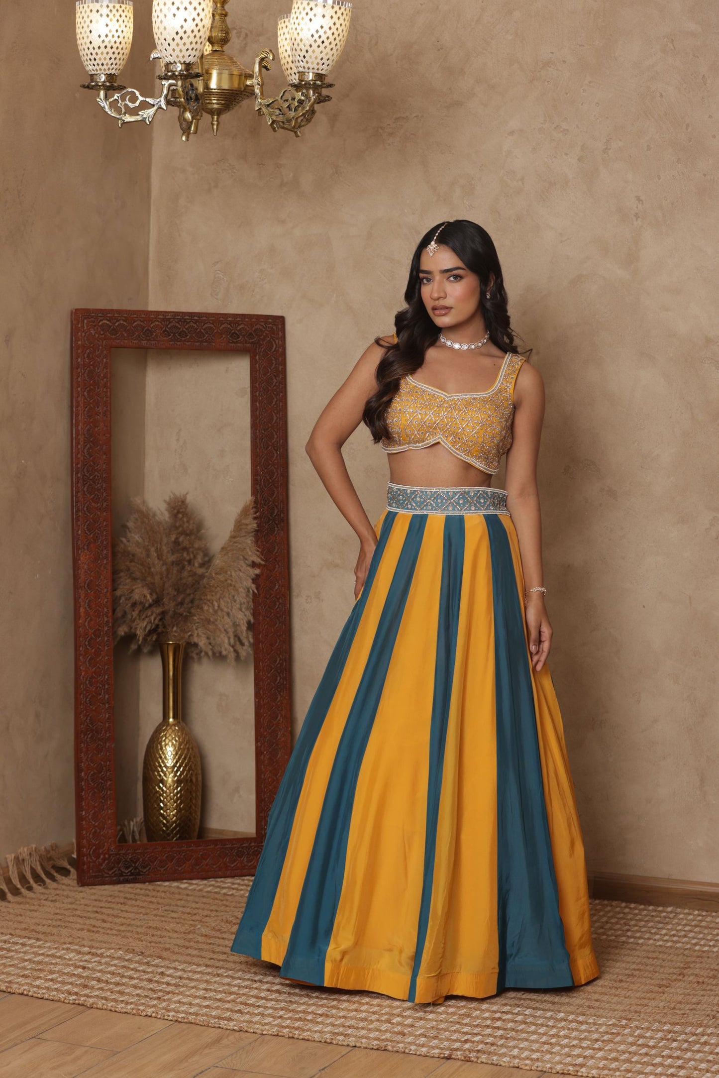MALVIKA YELLOW-GREEN KALI EMBROIDERED LEHENGA