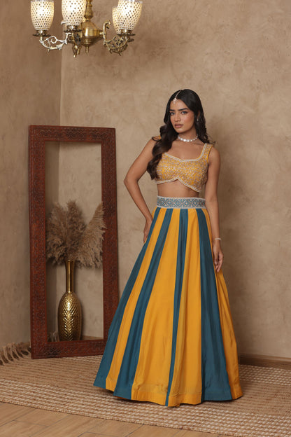 MALVIKA YELLOW-GREEN KALI EMBROIDERED LEHENGA
