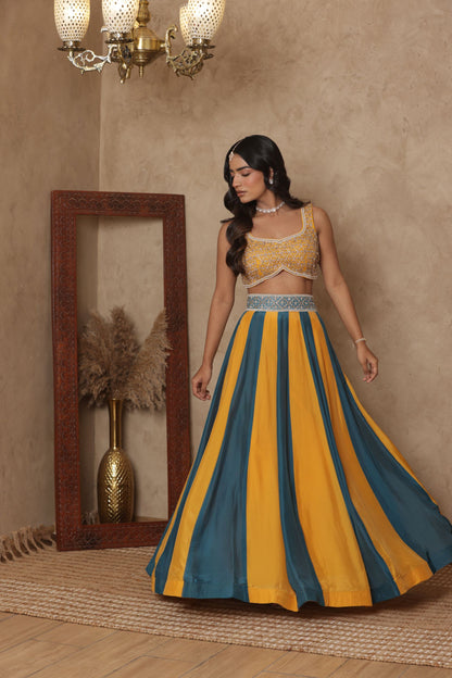 MALVIKA YELLOW-GREEN KALI EMBROIDERED LEHENGA