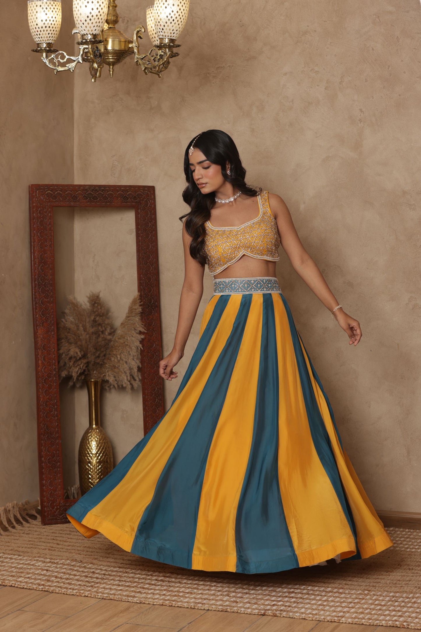 MALVIKA YELLOW-GREEN KALI EMBROIDERED LEHENGA