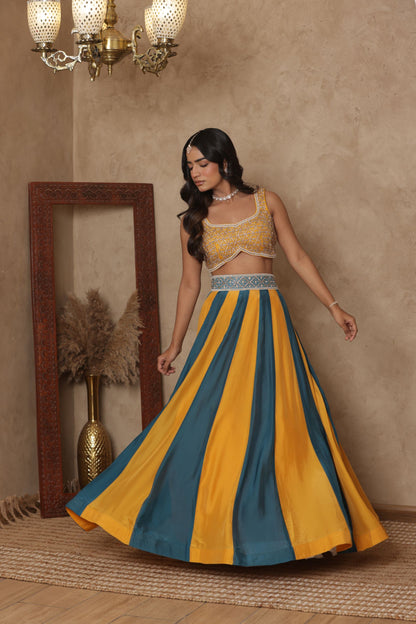 MALVIKA YELLOW-GREEN KALI EMBROIDERED LEHENGA