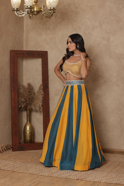 MALVIKA YELLOW-GREEN KALI EMBROIDERED LEHENGA