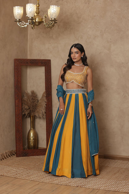 MALVIKA YELLOW-GREEN KALI EMBROIDERED LEHENGA
