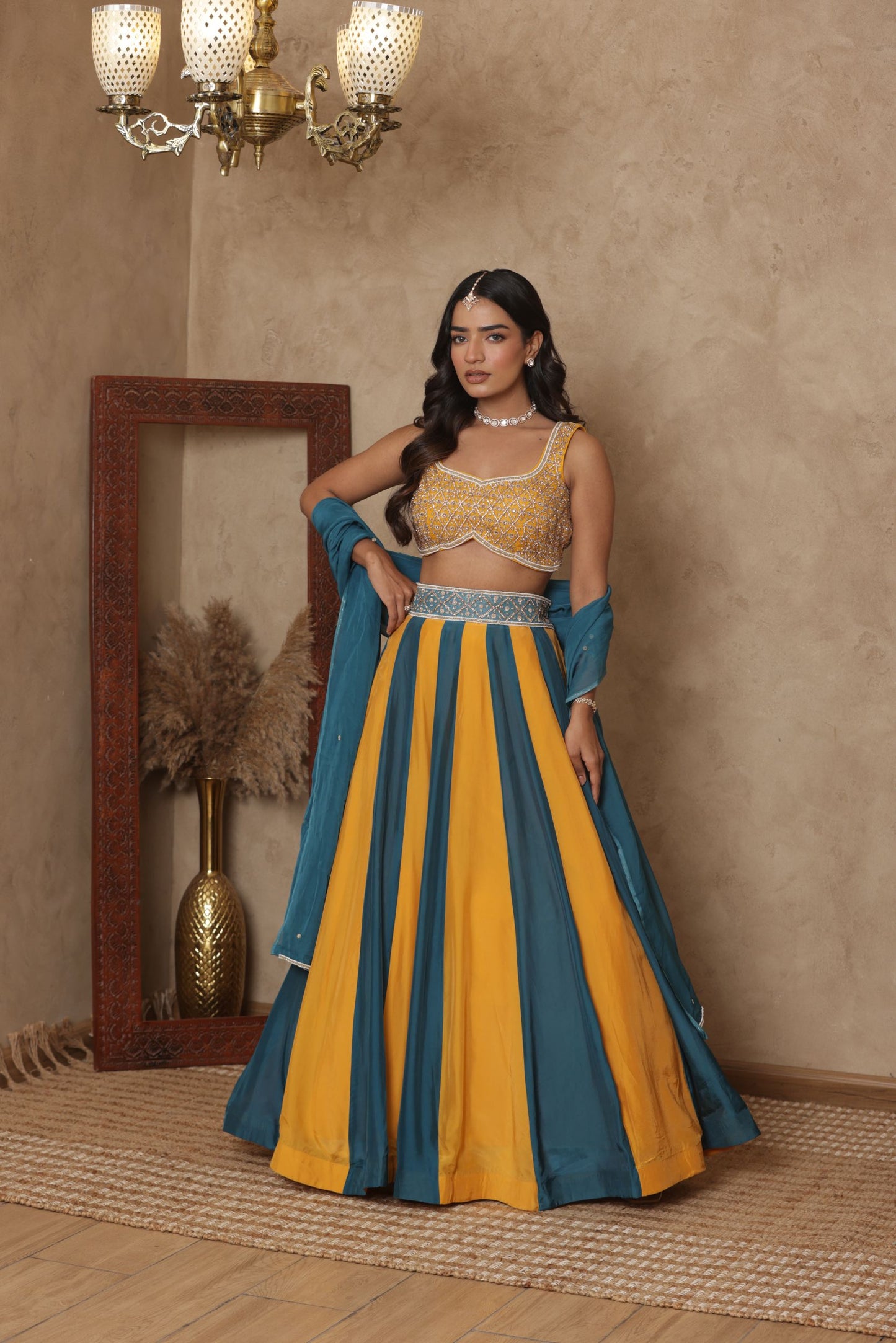 MALVIKA YELLOW-GREEN KALI EMBROIDERED LEHENGA