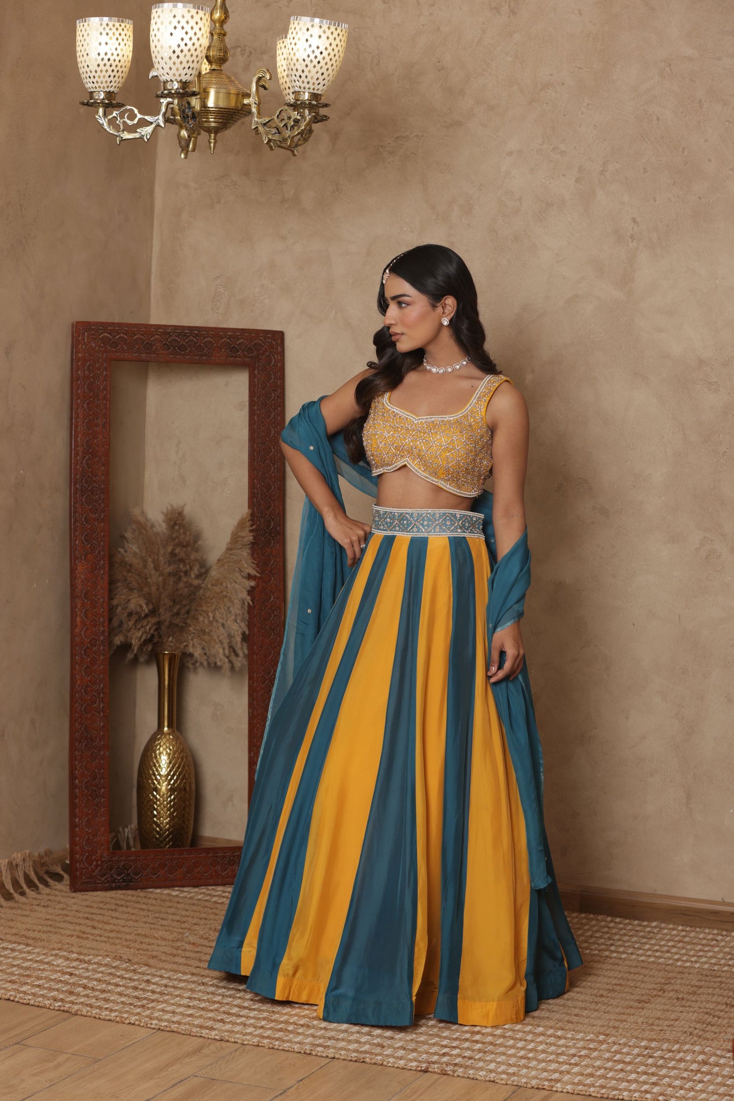 MALVIKA YELLOW-GREEN KALI EMBROIDERED LEHENGA