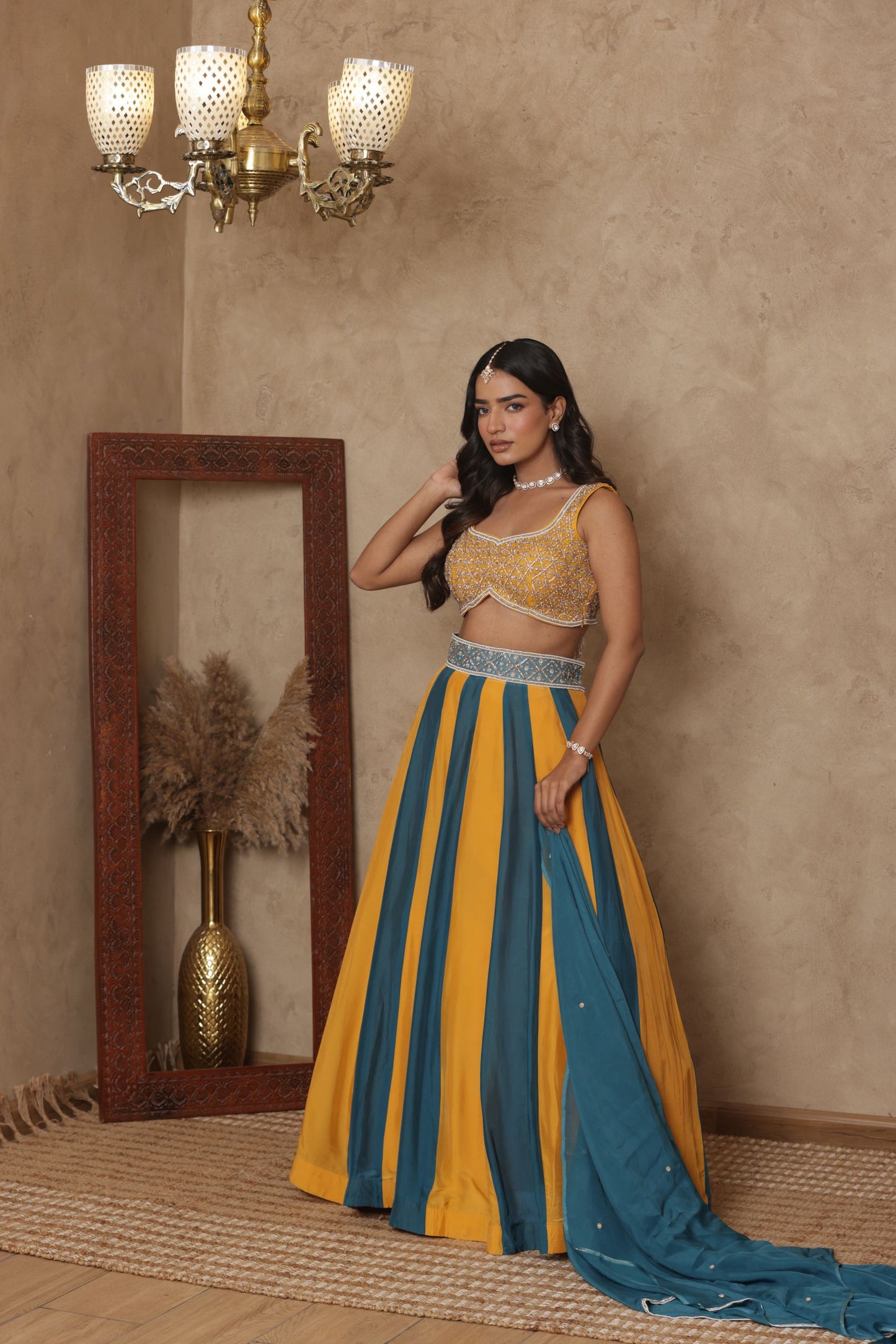 MALVIKA YELLOW-GREEN KALI EMBROIDERED LEHENGA