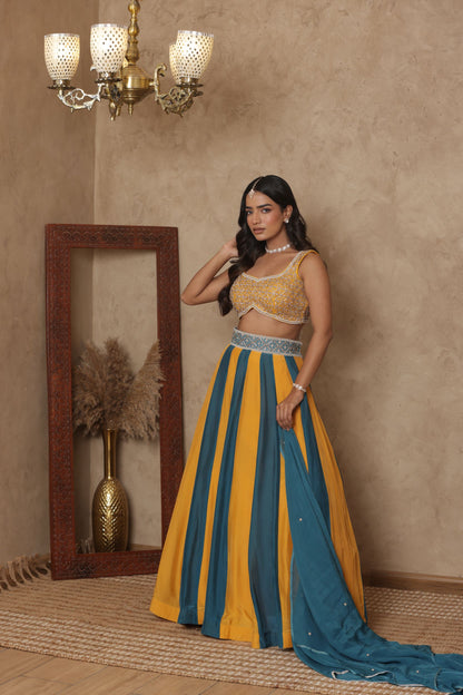 MALVIKA YELLOW-GREEN KALI EMBROIDERED LEHENGA