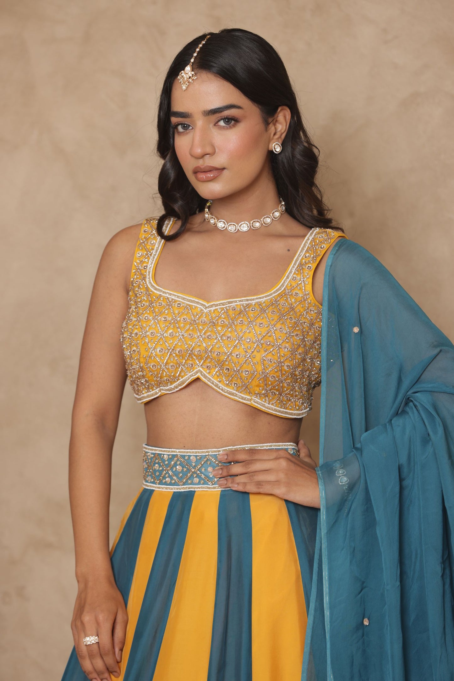 MALVIKA YELLOW-GREEN KALI EMBROIDERED LEHENGA