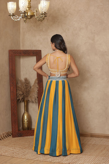 MALVIKA YELLOW-GREEN KALI EMBROIDERED LEHENGA