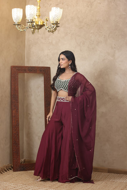 AASMIN EMBROIDERED MAROON SHARARA SET