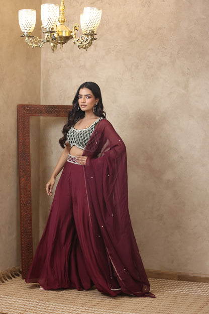 AASMIN EMBROIDERED MAROON SHARARA SET