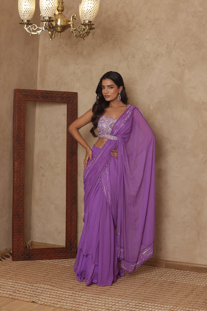 EKNOOR LAVENDAR EMBROIDERED PRE-DRAPED SAREE