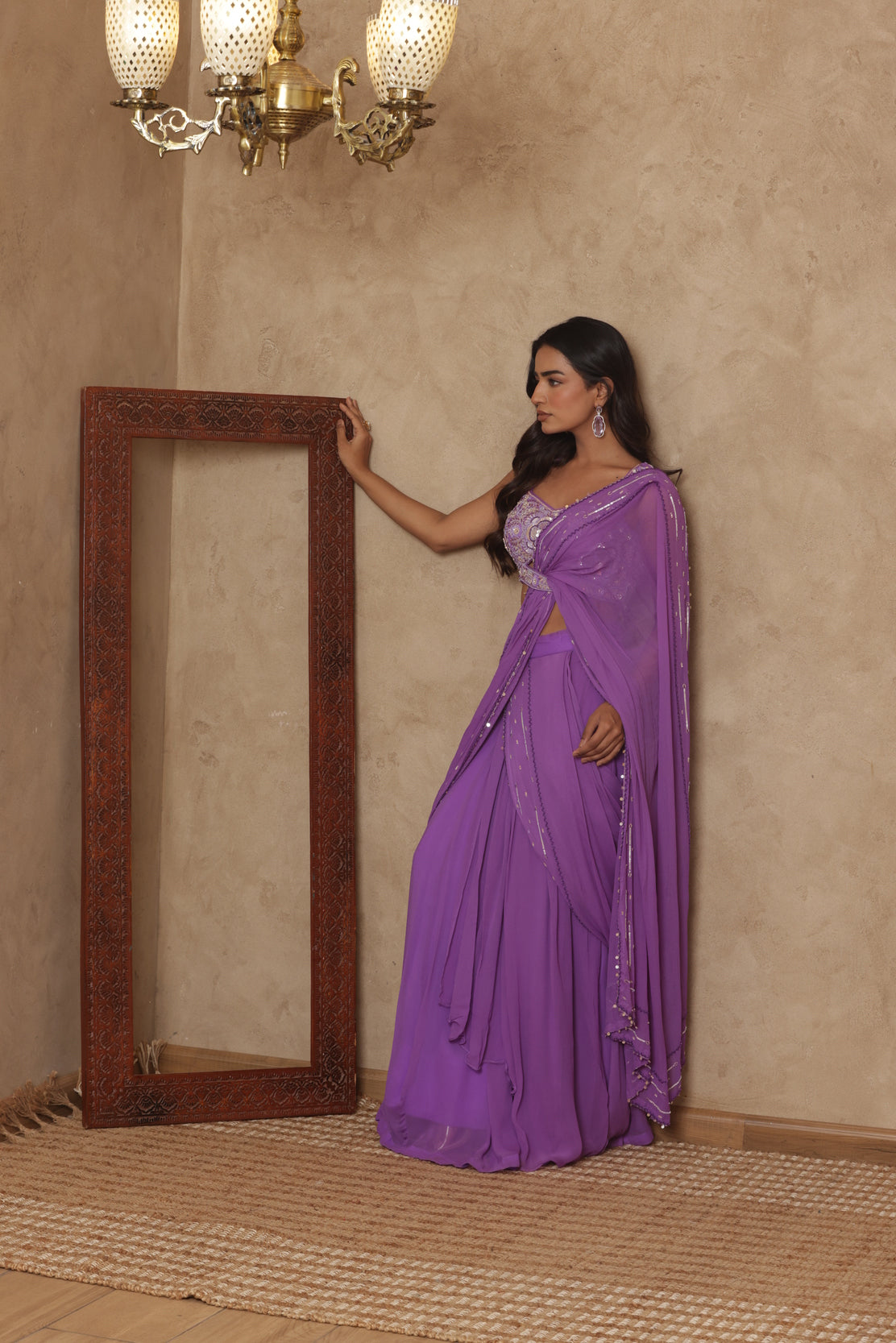 EKNOOR LAVENDAR EMBROIDERED PRE-DRAPED SAREE