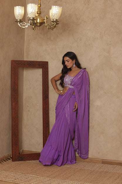 EKNOOR LAVENDAR EMBROIDERED PRE-DRAPED SAREE