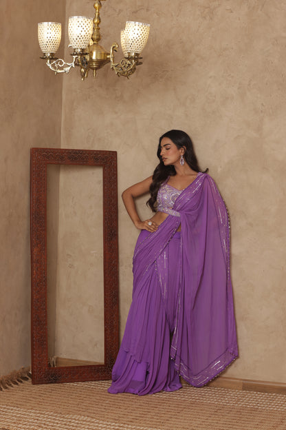 EKNOOR LAVENDAR EMBROIDERED PRE-DRAPED SAREE