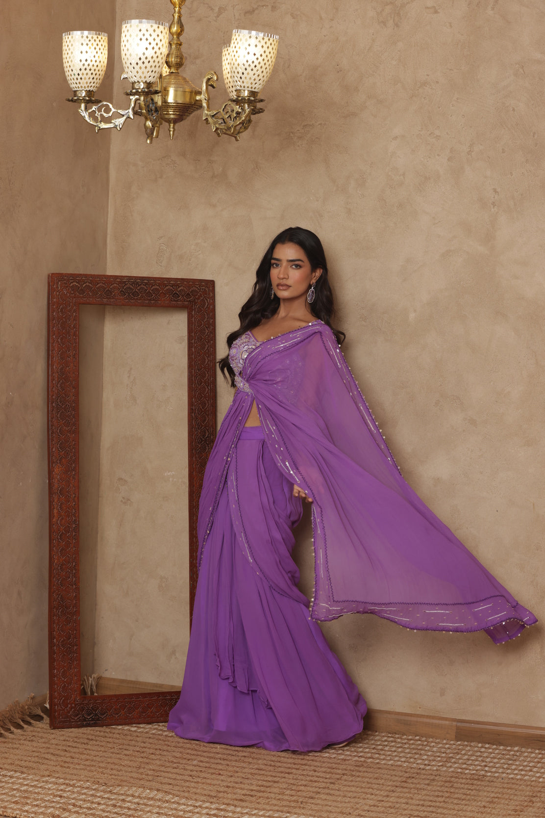 EKNOOR LAVENDAR EMBROIDERED PRE-DRAPED SAREE