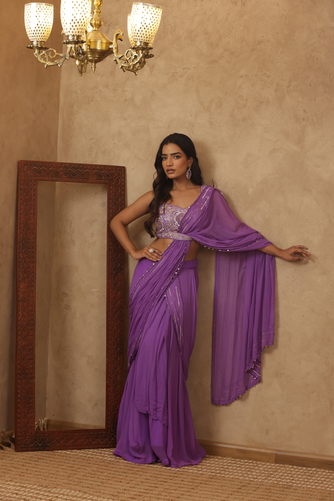 EKNOOR LAVENDAR EMBROIDERED PRE-DRAPED SAREE