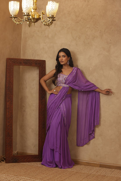 EKNOOR LAVENDAR EMBROIDERED PRE-DRAPED SAREE