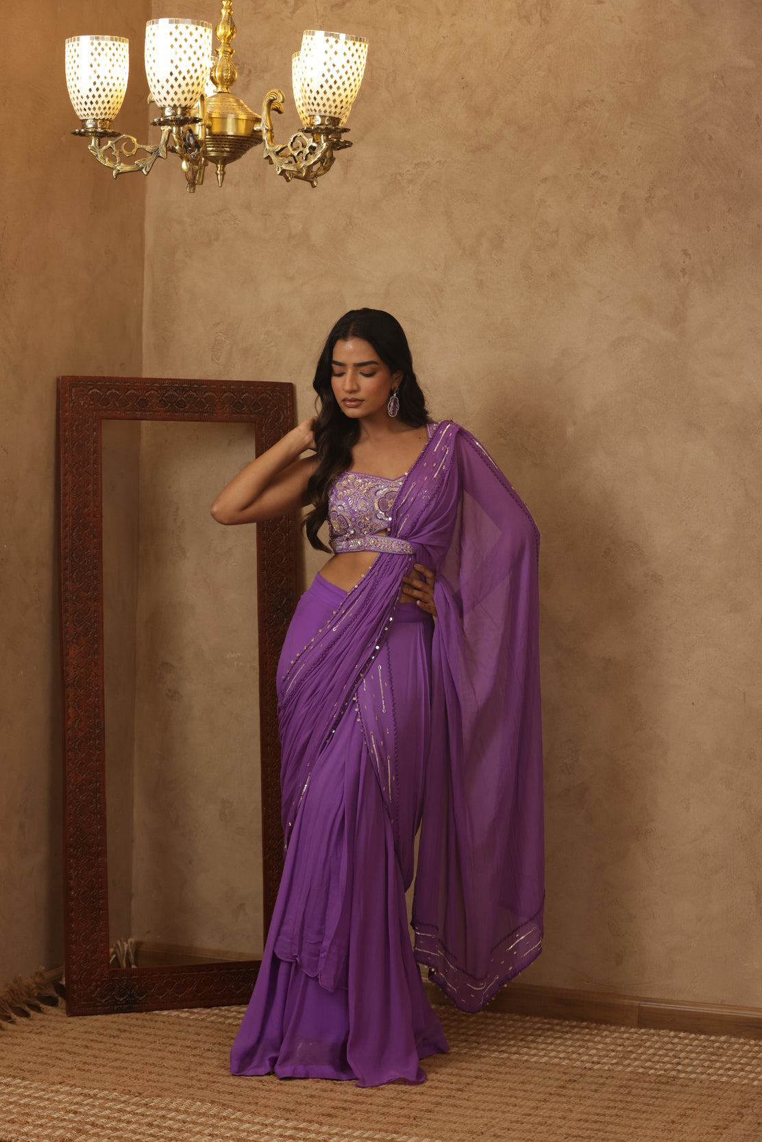EKNOOR LAVENDAR EMBROIDERED PRE-DRAPED SAREE