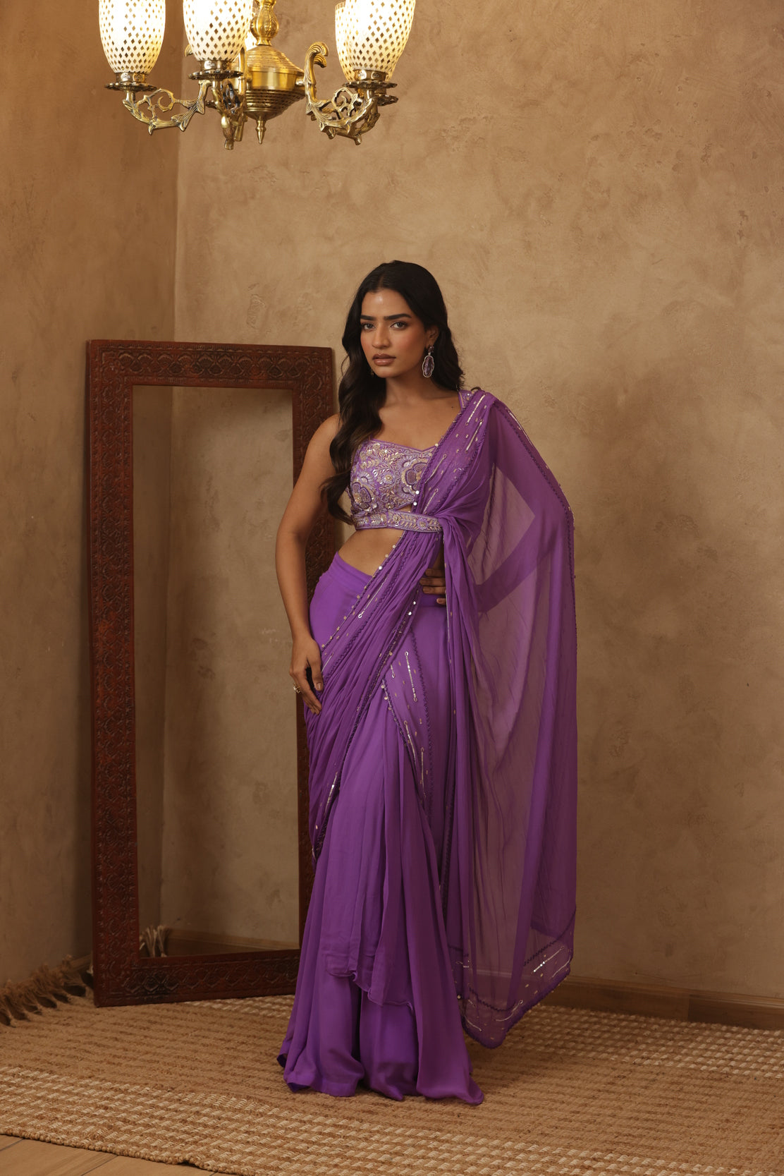 EKNOOR LAVENDAR EMBROIDERED PRE-DRAPED SAREE