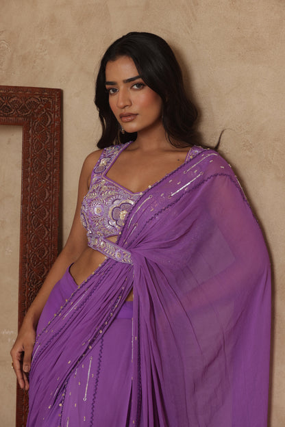 EKNOOR LAVENDAR EMBROIDERED PRE-DRAPED SAREE