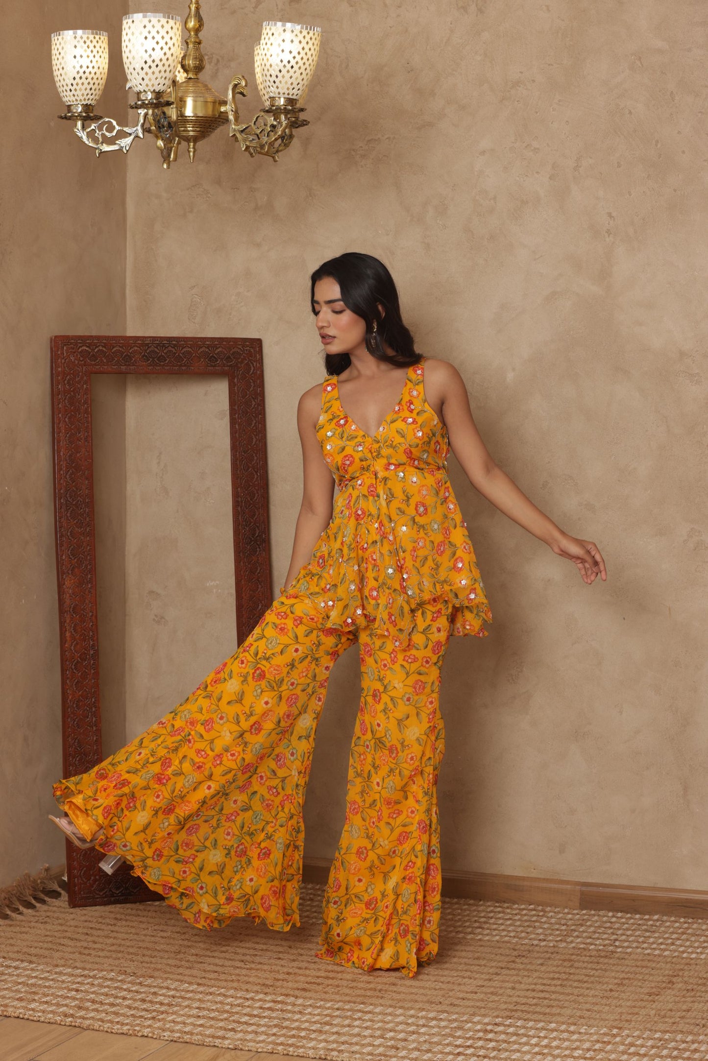 SHLOKAA YELLOW FLORAL EMBROIDERED KURTI SHARARA SET