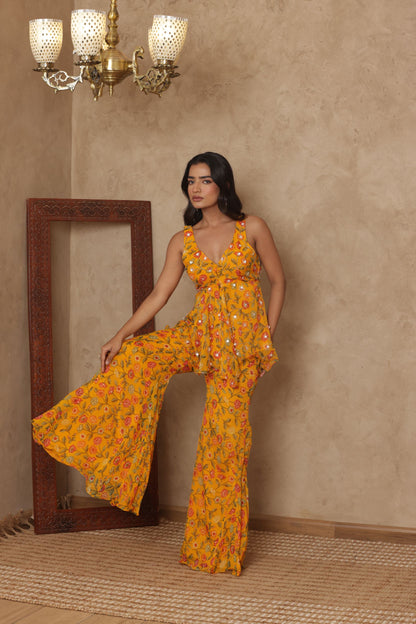 SHLOKAA YELLOW FLORAL EMBROIDERED KURTI SHARARA SET