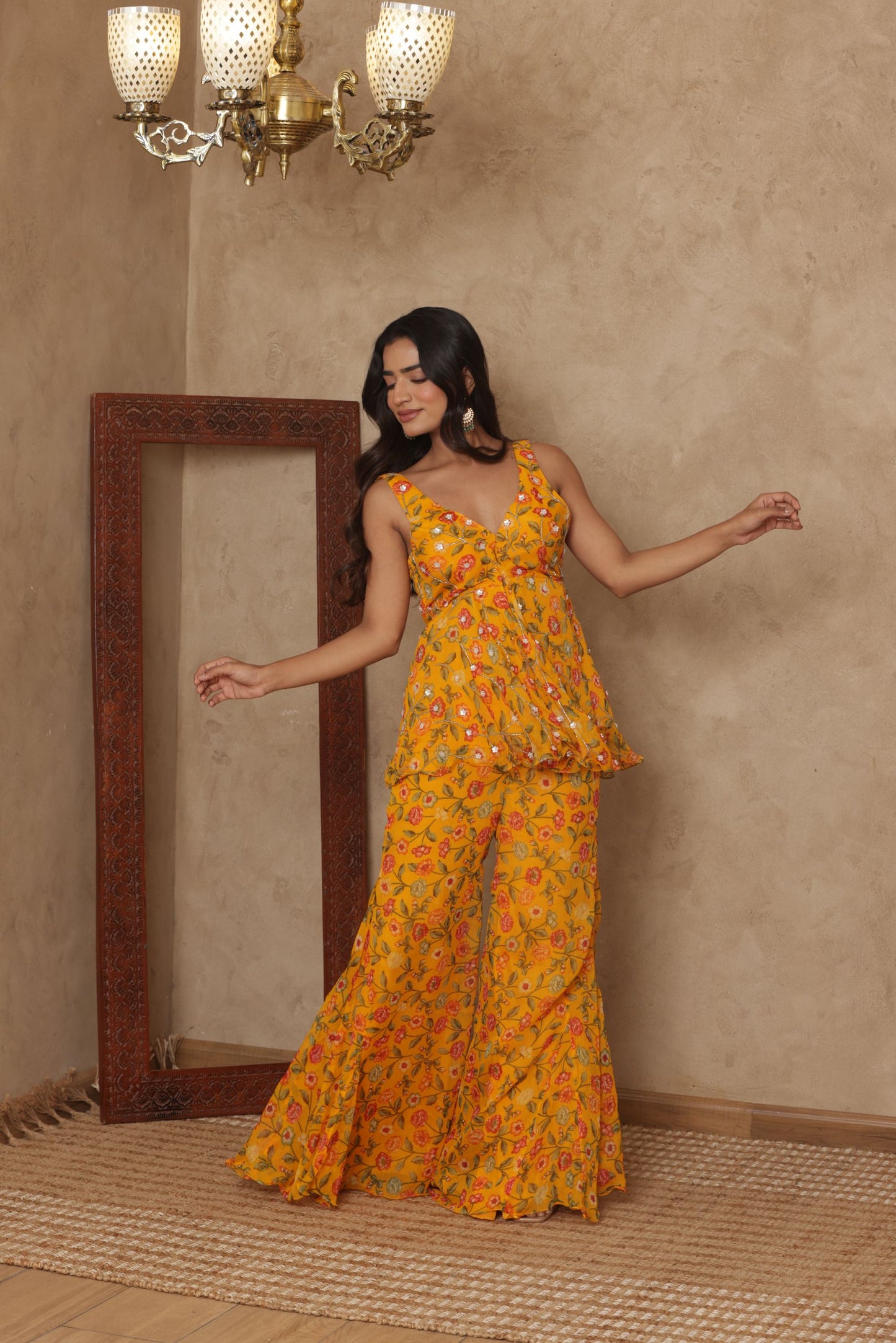SHLOKAA YELLOW FLORAL EMBROIDERED KURTI SHARARA SET