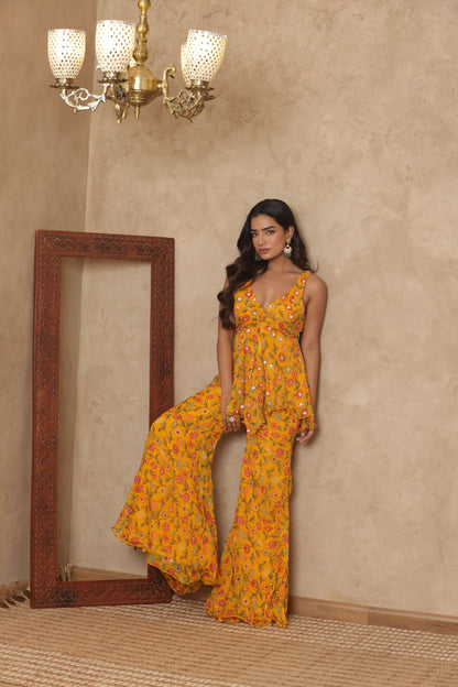SHLOKAA YELLOW FLORAL EMBROIDERED KURTI SHARARA SET
