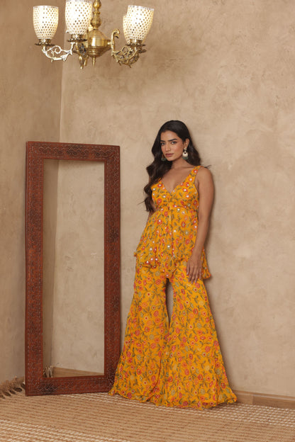 SHLOKAA YELLOW FLORAL EMBROIDERED KURTI SHARARA SET