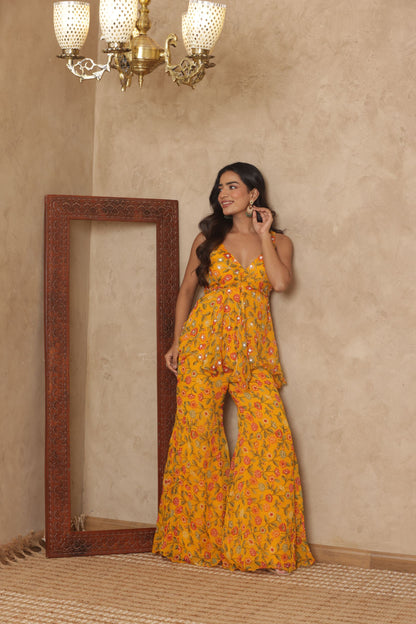 SHLOKAA YELLOW FLORAL EMBROIDERED KURTI SHARARA SET
