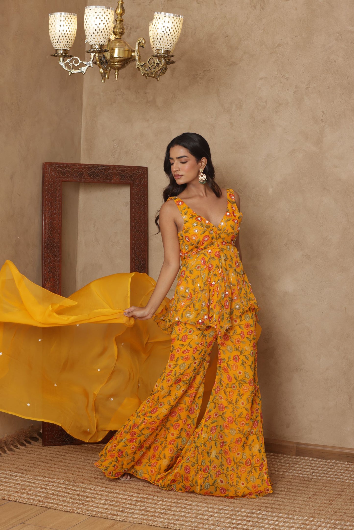 SHLOKAA YELLOW FLORAL EMBROIDERED KURTI SHARARA SET