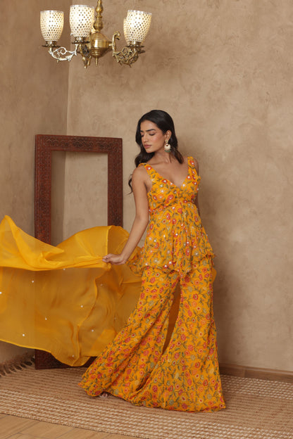 SHLOKAA YELLOW FLORAL EMBROIDERED KURTI SHARARA SET