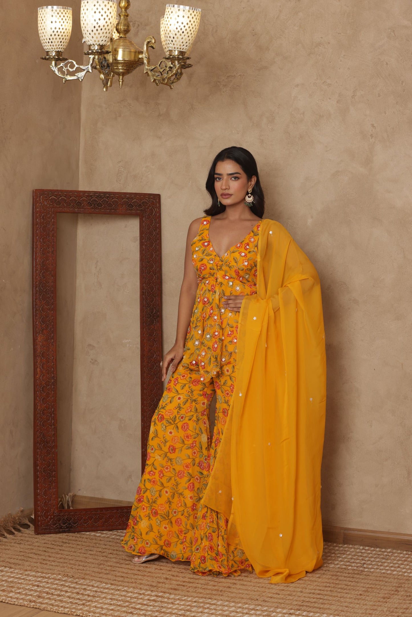 SHLOKAA YELLOW FLORAL EMBROIDERED KURTI SHARARA SET