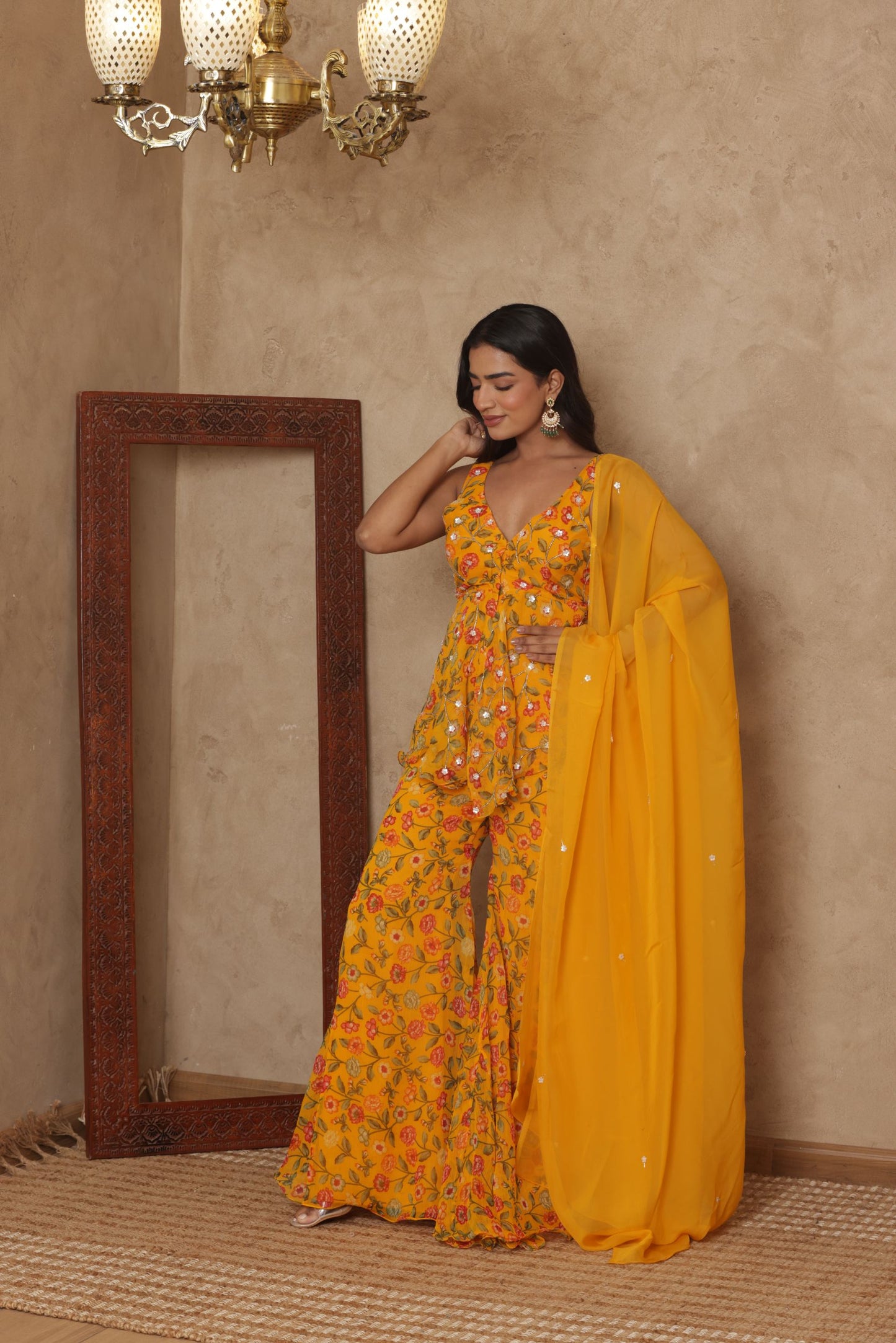 SHLOKAA YELLOW FLORAL EMBROIDERED KURTI SHARARA SET