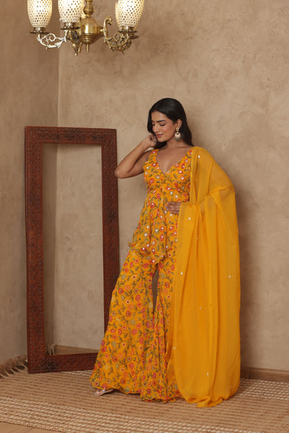SHLOKAA YELLOW FLORAL EMBROIDERED KURTI SHARARA SET