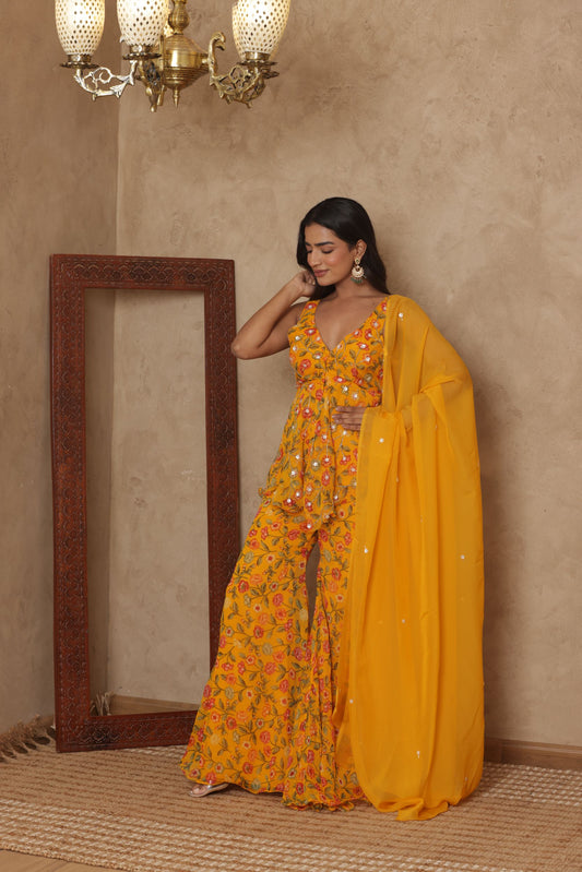 SHLOKAA YELLOW FLORAL EMBROIDERED KURTI SHARARA SET