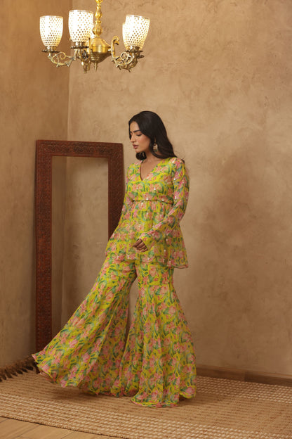 ZUNAIRA NEON FLORAL EMBROIDERED KURTI SHARARA SET